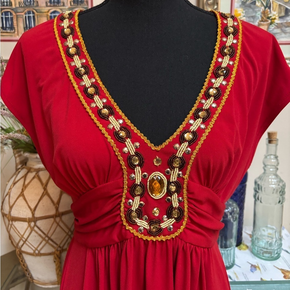 ECI RED EMPIRE WAIST BEADED JEWELED DRESS SIZE 8 VINTAGE Y2K BOHO AZTEC TIE BACK